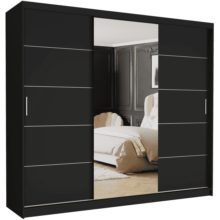 Szafa przesuwna Norvio I 250 cm czarna z lustrem 3-drzwi czarne srebrne szprosy