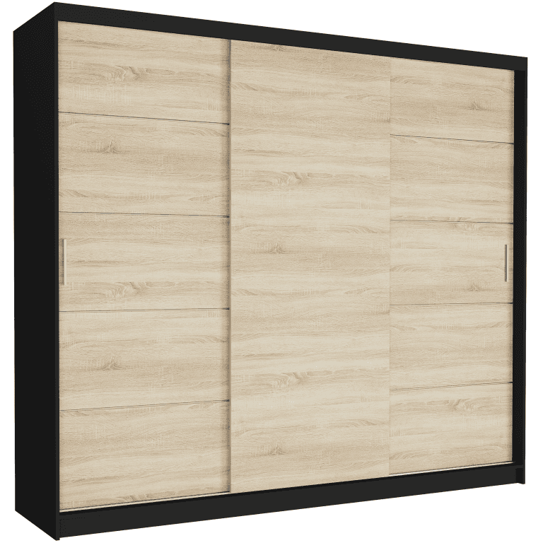 Szafa przesuwna Norvio III 250 cm czarna 3-drzwi sonoma srebrne szprosy