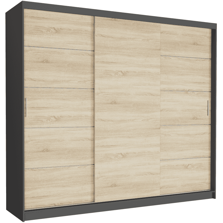 Szafa przesuwna Norvio III 250 cm antracyt z 3 drzwi sonoma srebrne szprosy