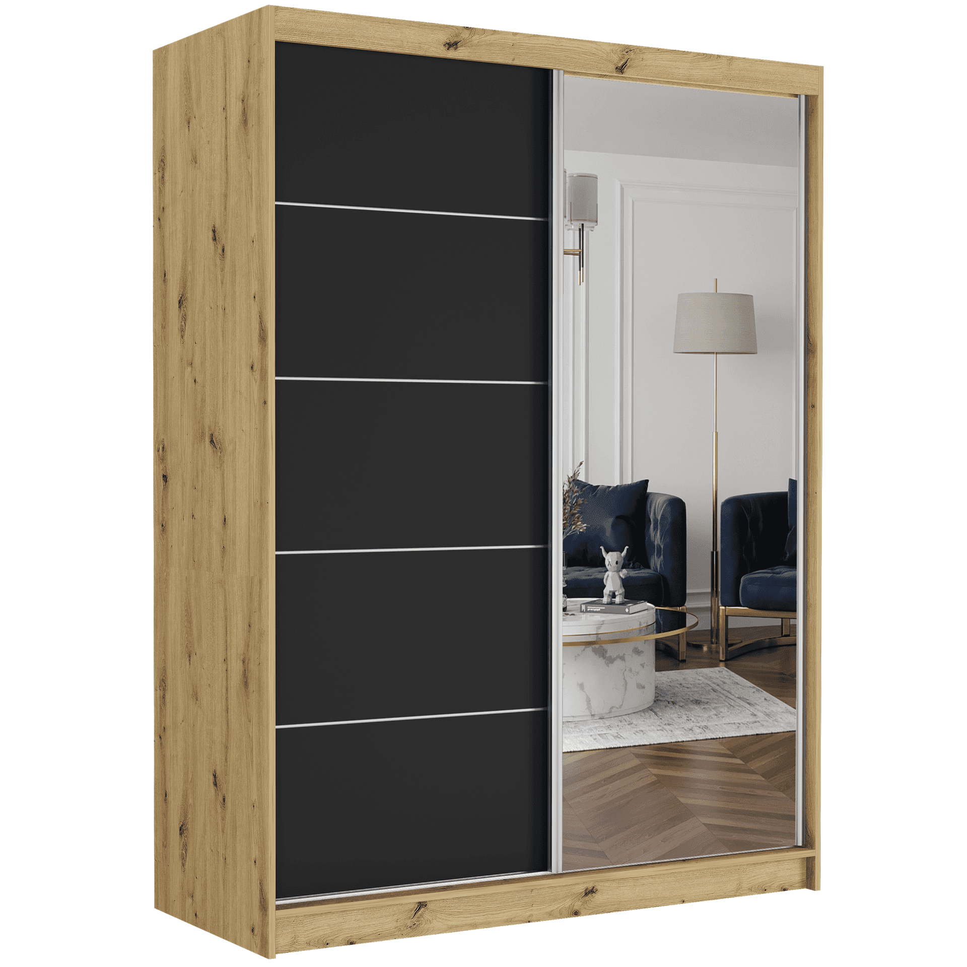 Szafa przesuwna Rivano I C 150cm artisan z lustrem 2-drzwi czarne srebrne szprosy