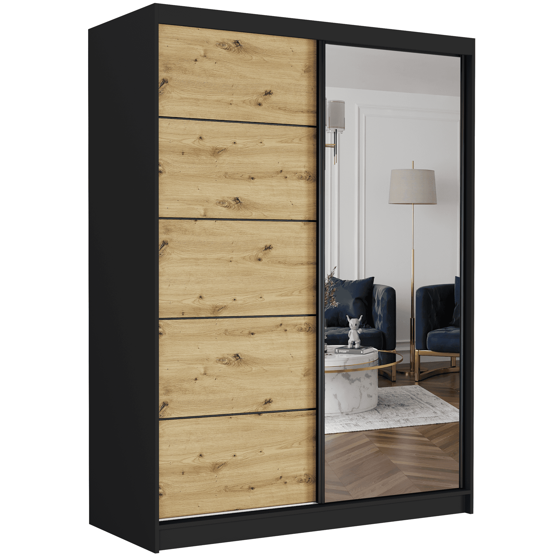 Szafa przesuwna Rivano IA 150 cm czarna z lustrem 2-drzwi artisan czarne szprosy