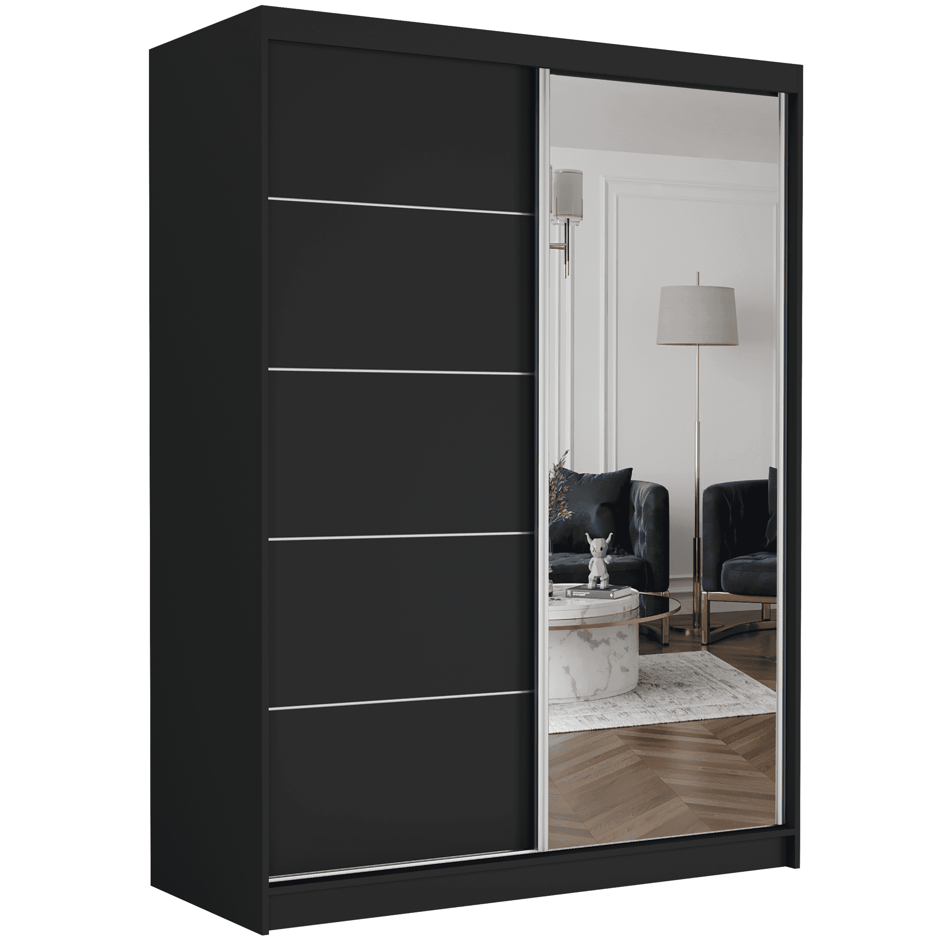 Szafa przesuwna Rivano I C 150cm czarna z lustrem 2-drzwi czarne srebrne szprosy