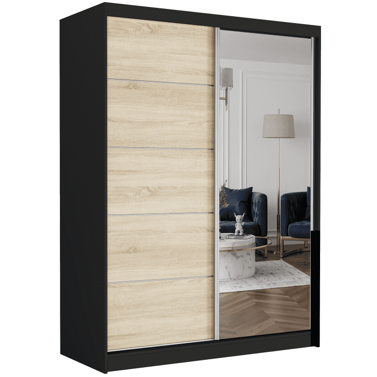 Szafa przesuwna Rivano I 150 cm czarna z lustrem 2-drzwi sonoma srebrne szprosy