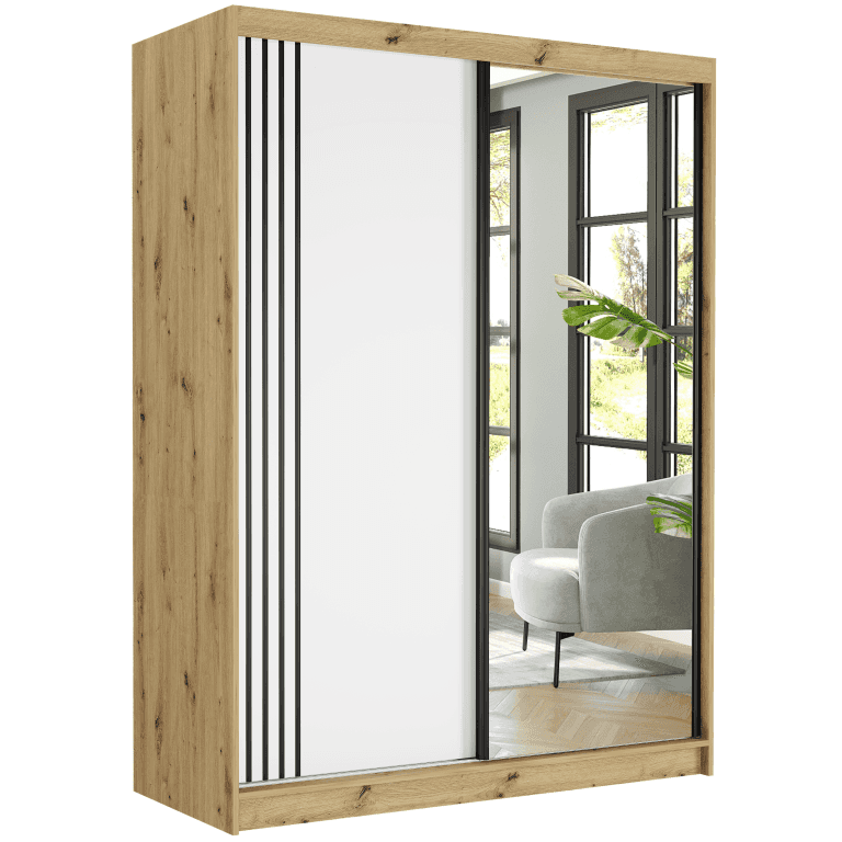 Szafa przesuwna Rivano V 150 cm artisan z lustrem 2-drzwi białe czarne szprosy