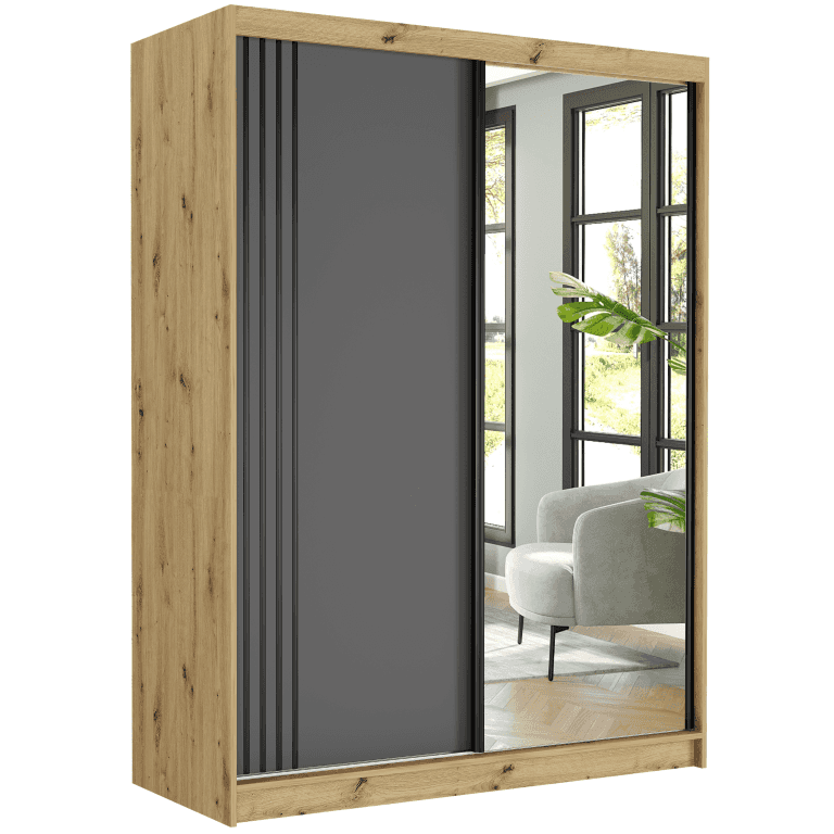 Szafa przesuwna Rivano V 150 cm artisan z lustrem 2-drzwi antracyt czarne szprosy