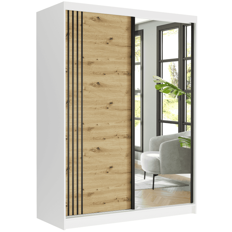 Szafa przesuwna Rivano V 150 cm biała z lustrem 2-drzwi artisan czarne szprosy