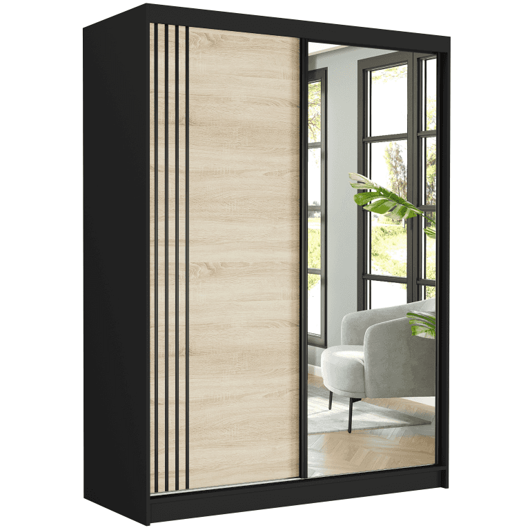 Szafa przesuwna Rivano V 150 cm czarna z lustrem 2-drzwi sonoma czarne szprosy