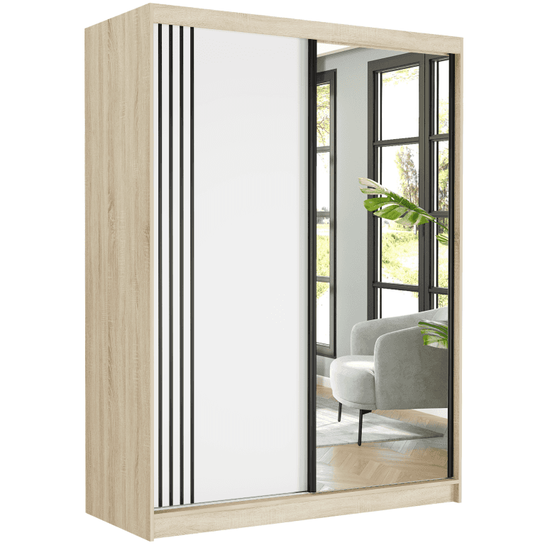 Szafa przesuwna Rivano V 150 cm sonoma z lustrem 2-drzwi białe czarne szprosy