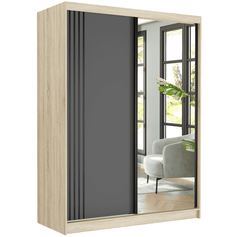 Szafa przesuwna Rivano V 150 cm sonoma z lustrem 2-drzwi antracyt czarne szprosy