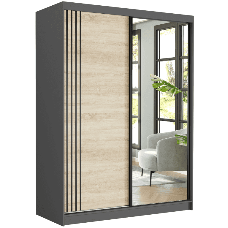 Szafa przesuwna Rivano V 150 cm antracyt z lustrem 2-drzwi sonoma czarne szprosy