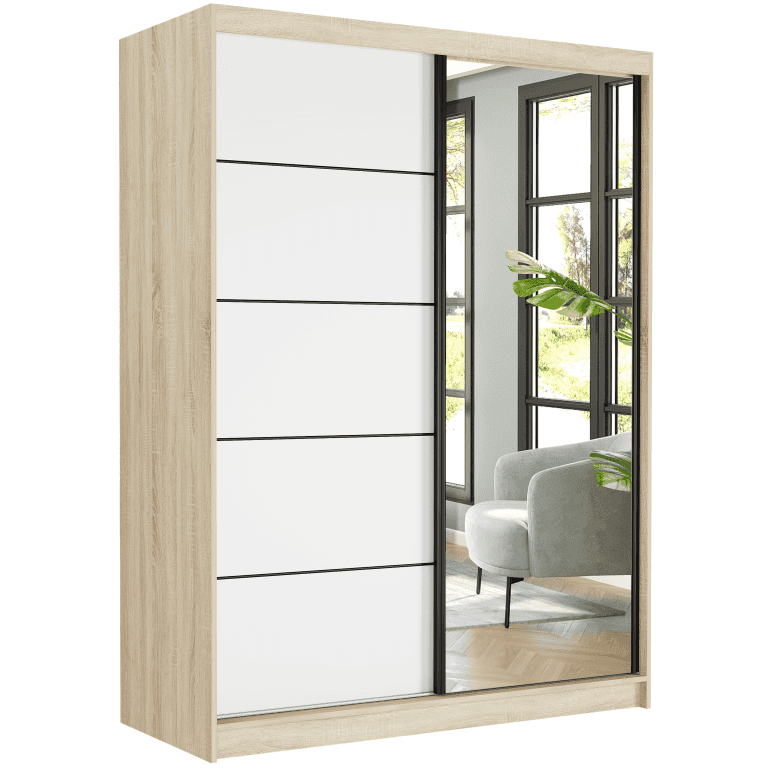 Szafa przesuwna Rivano VI 150 cm sonoma z lustrem 2-drzwi białe czarne szprosy