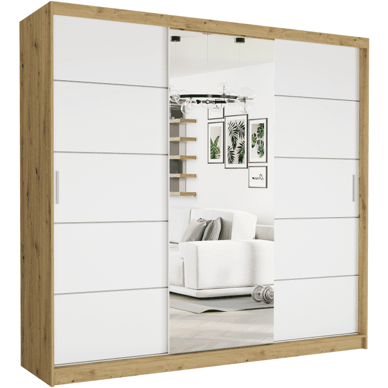 Szafa przesuwna Selvio I 233 cm artisan z lustrem 3-drzwi białe srebrne szprosy