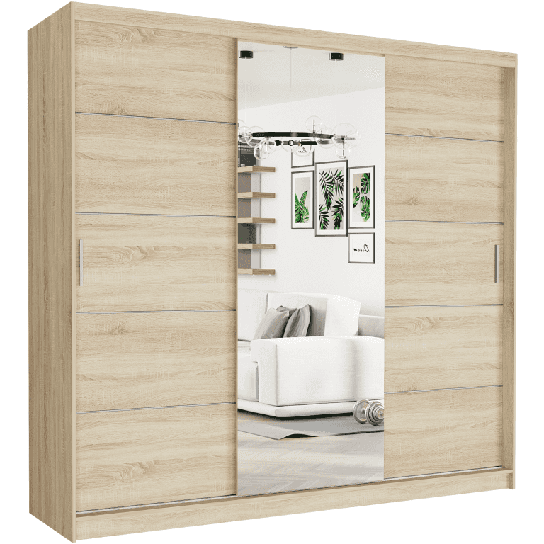 Szafa przesuwna Selvio I 233 cm sonoma z lustrem 3-drzwi sonoma srebrne szprosy