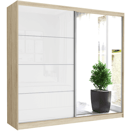 Szafa przesuwna Selvio IV 233 cm sonoma z lustrem 2-drzwi biały półpołysk srebrne szprosy