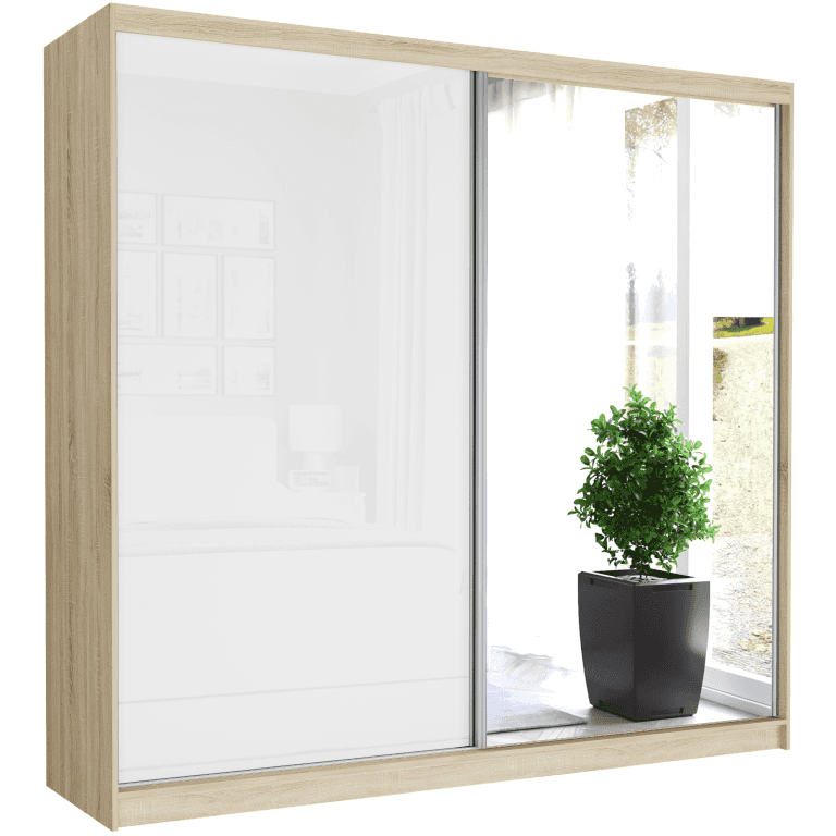 Szafa przesuwna Selvio V 233 cm sonoma z lustrem 2-drzwi biały półpołysk