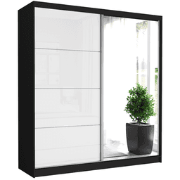 Szafa przesuwna Tivaro IV 203 cm czarna z lustrem 2-drzwi biały półpołysk srebrne szprosy