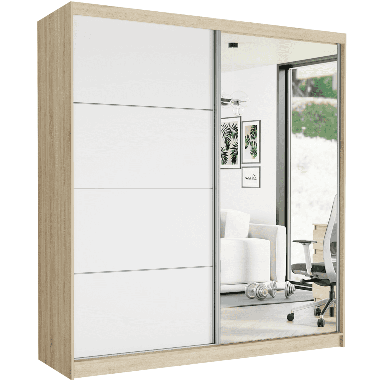Szafa przesuwna Tivaro VII 203 cm sonoma z lustrem 2-drzwi białe srebrne szprosy