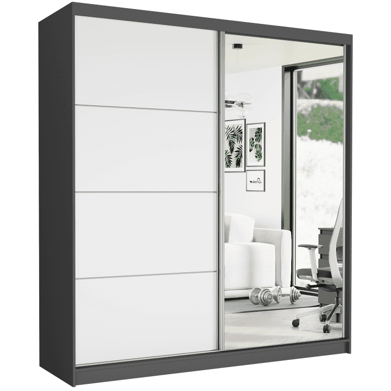 Szafa przesuwna Tivaro VII 203 cm antracyt z lustrem 2-drzwi białe srebrne szprosy