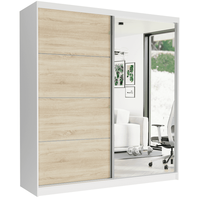 Szafa przesuwna Tivaro VIII 203 cm biała z lustrem 2-drzwi sonoma srebrne szprosy