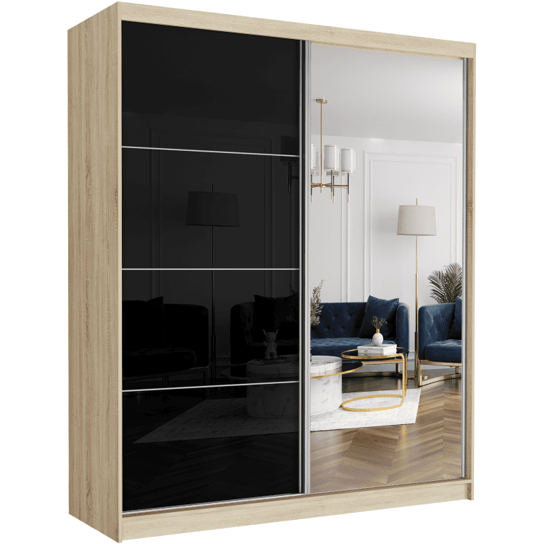 Szafa przesuwna Luna IV 183 cm sonoma z lustrem 2-drzwi czarny półpołysk srebrne szprosy