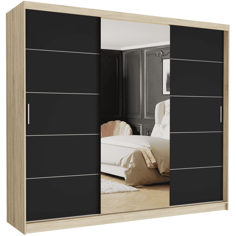 Szafa przesuwna Norvio I 250 cm sonoma z lustrem 3-drzwi czarne srebrne szprosy