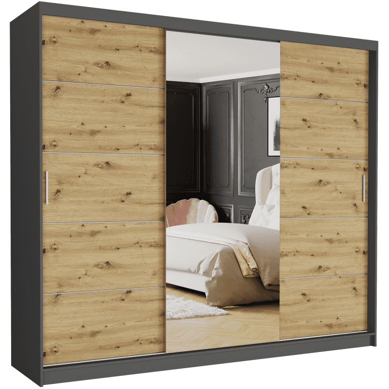 Szafa przesuwna Norvio I 250 cm antracyt z lustrem 3-drzwi artisan  srebrne szprosy
