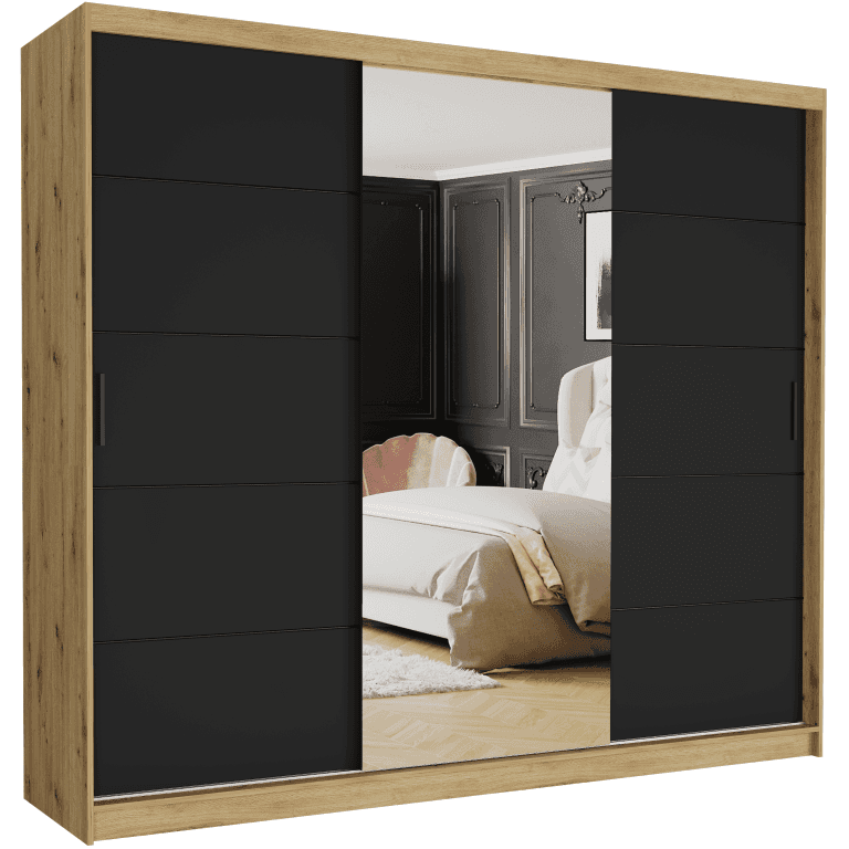 Szafa przesuwna Norvio II 250 cm artisan z lustrem 3-drzwi czarne Czarne szprosy