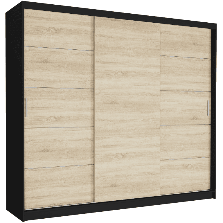 Szafa przesuwna Norvio III 250 cm czarna 3-drzwi sonoma srebrne szprosy