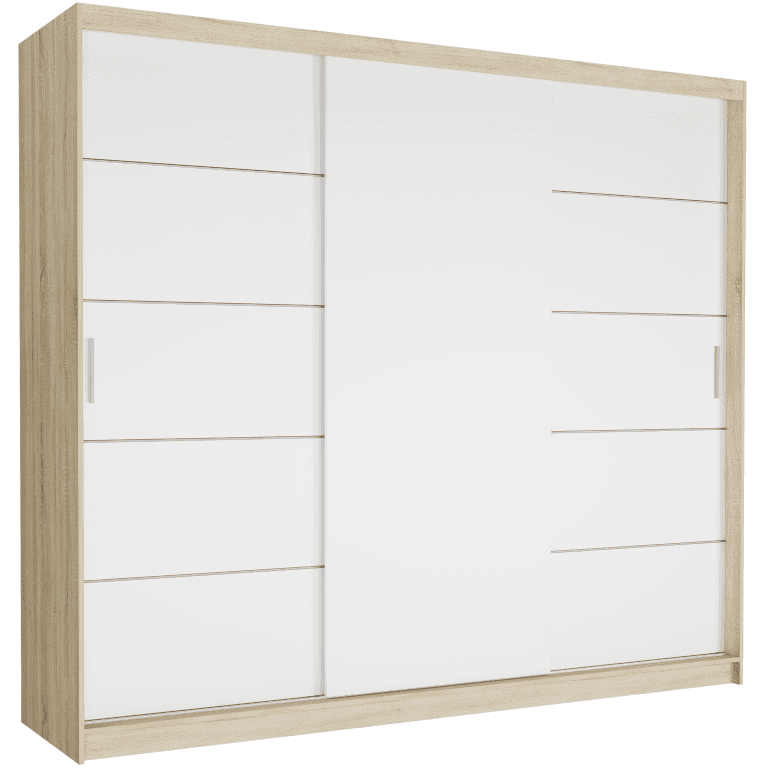Szafa przesuwna Norvio III 250 cm sonoma 3-drzwi białe  srebrne szprosy