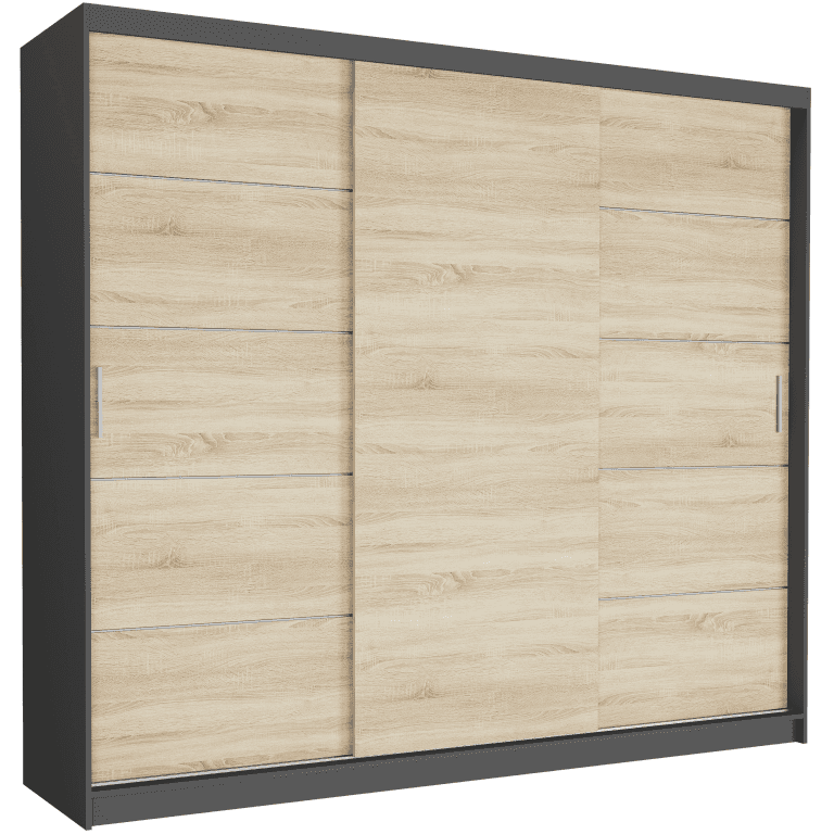 Szafa przesuwna Norvio III 250 cm antracyt z 3 drzwi sonoma srebrne szprosy