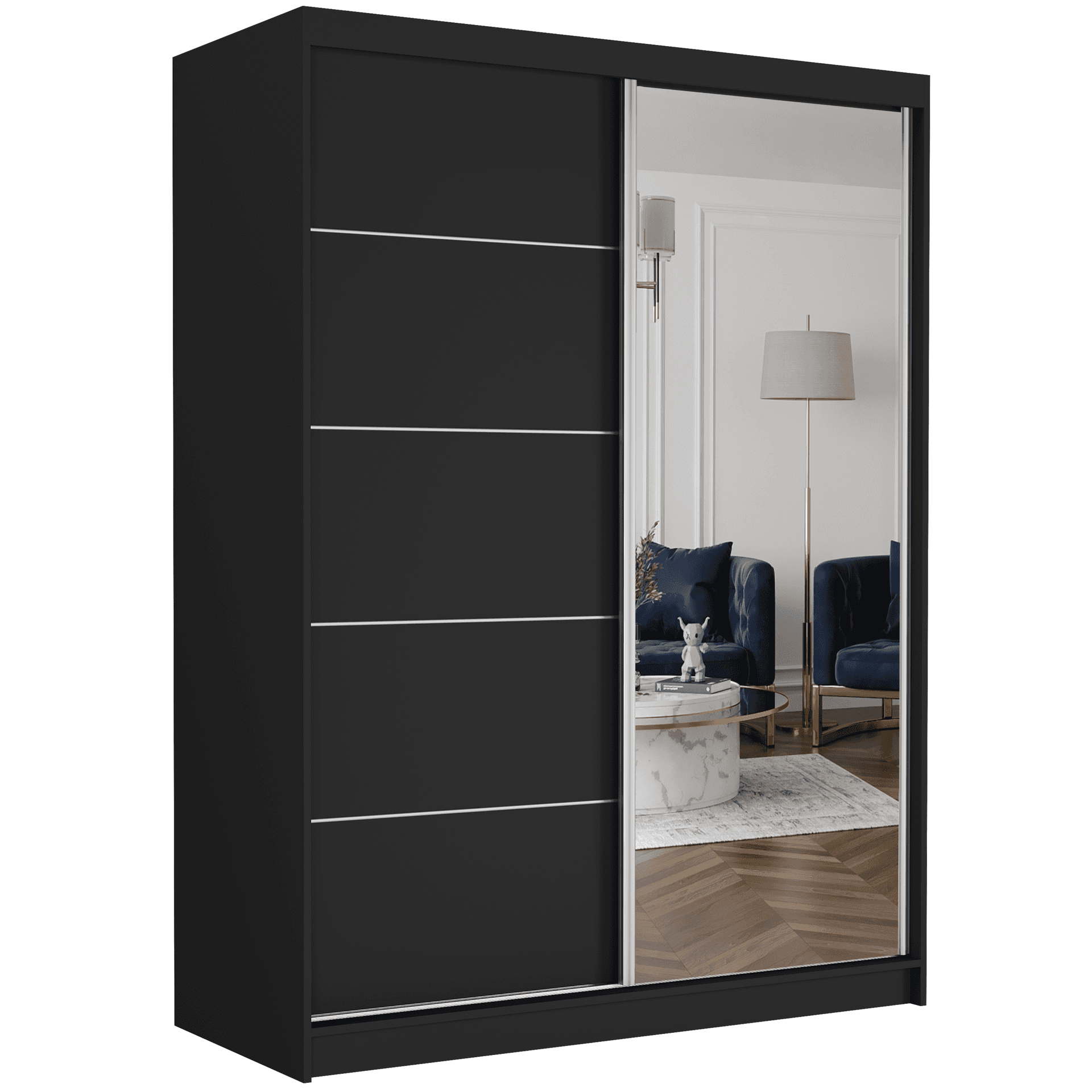 Szafa przesuwna Rivano I C 150cm czarna z lustrem 2-drzwi czarne srebrne szprosy