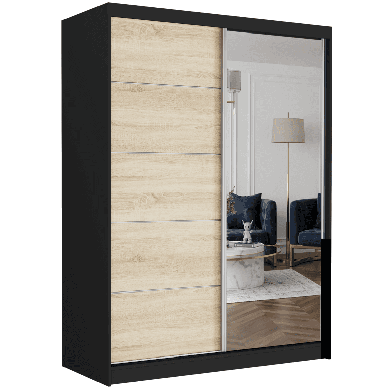 Szafa przesuwna Rivano I 150 cm czarna z lustrem 2-drzwi sonoma srebrne szprosy