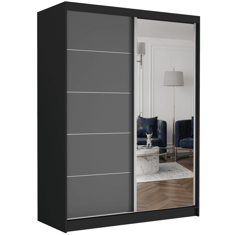 Szafa przesuwna Rivano I 150 cm czarna z lustrem 2-drzwi antracyt srebrne szprosy