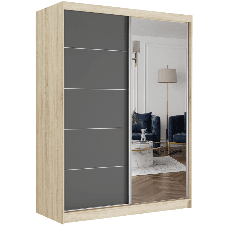 Szafa przesuwna Rivano I 150 cm sonoma z lustrem 2-drzwi antracyt srebrne szprosy