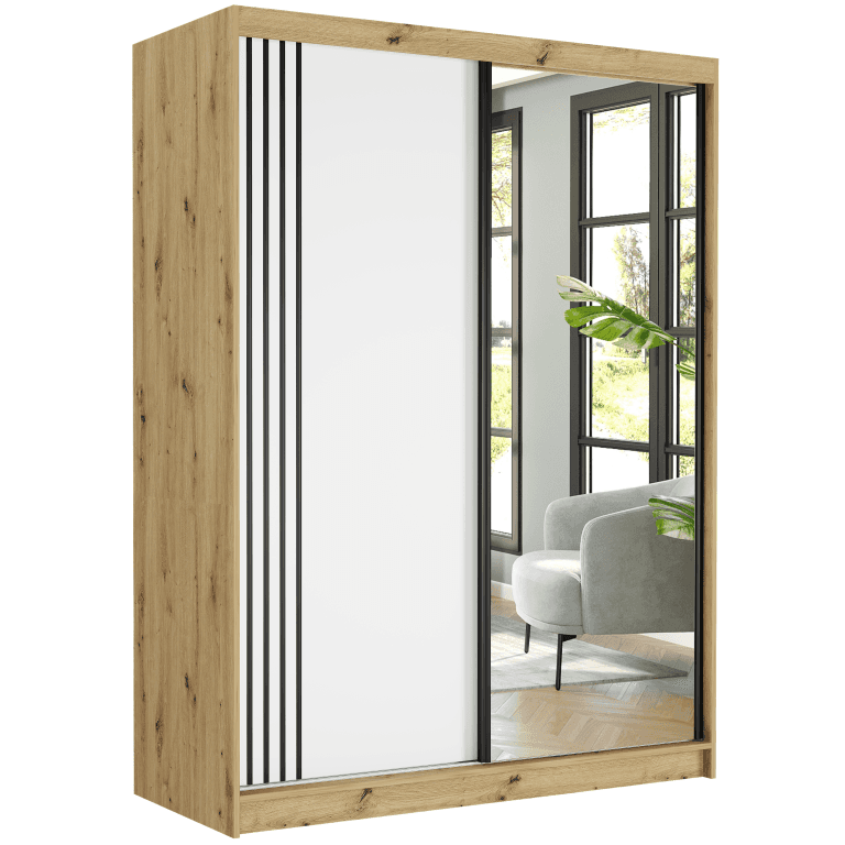 Szafa przesuwna Rivano V 150 cm artisan z lustrem 2-drzwi białe czarne szprosy