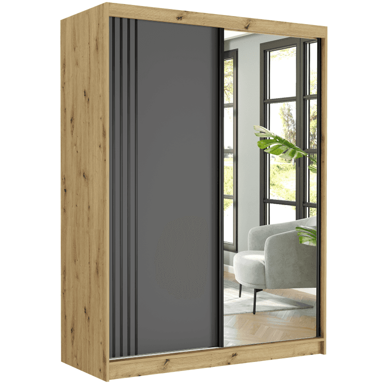 Szafa przesuwna Rivano V 150 cm artisan z lustrem 2-drzwi antracyt czarne szprosy