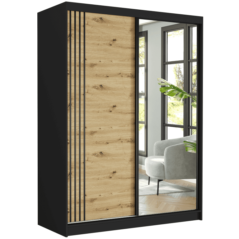 Szafa przesuwna czarna z lustrem 150 x 200 x 60 cm - RIVANO V