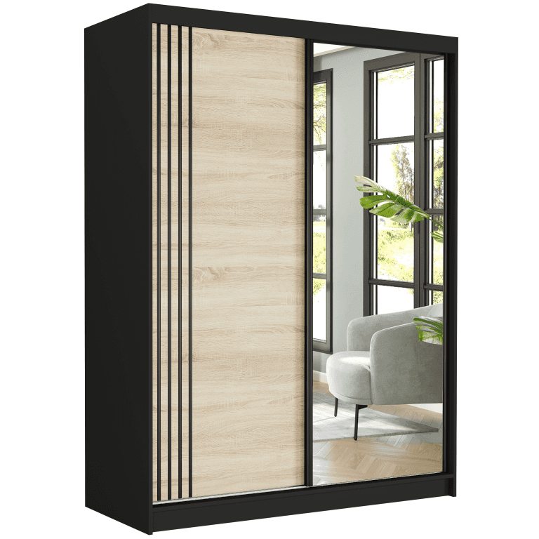 Szafa przesuwna Rivano V 150 cm czarna z lustrem 2-drzwi sonoma czarne szprosy