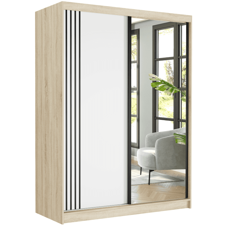 Szafa przesuwna Rivano V 150 cm sonoma z lustrem 2-drzwi białe czarne szprosy