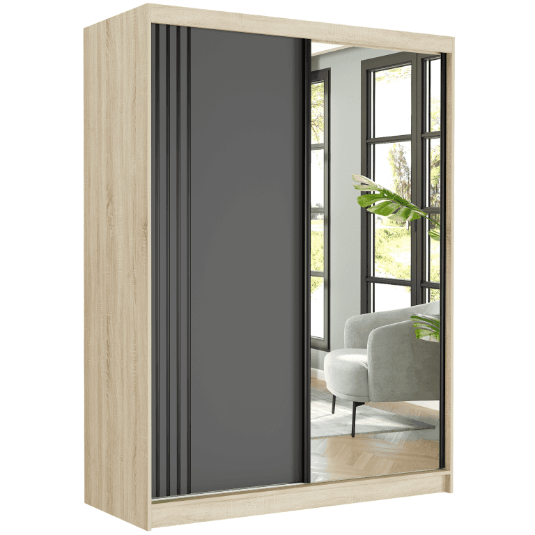Szafa przesuwna Rivano V 150 cm sonoma z lustrem 2-drzwi antracyt czarne szprosy