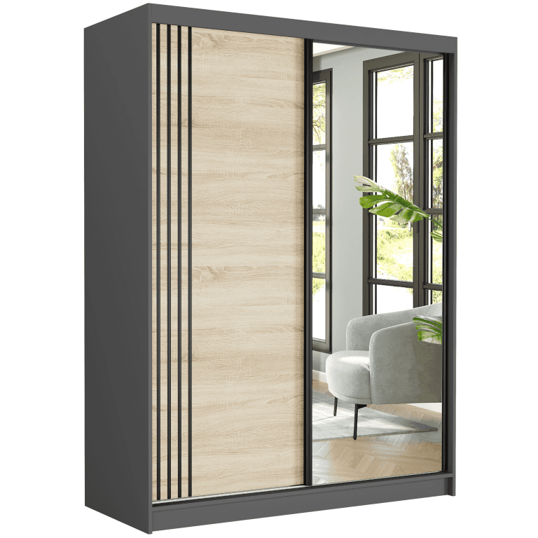 Szafa przesuwna Rivano V 150 cm antracyt z lustrem 2-drzwi sonoma czarne szprosy