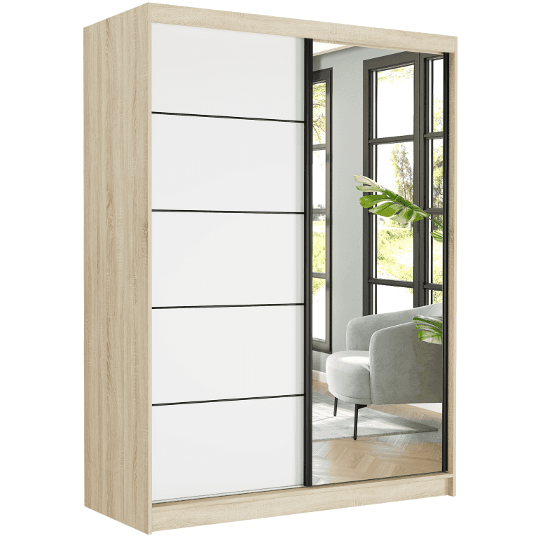 Szafa przesuwna Rivano VI 150 cm sonoma z lustrem 2-drzwi białe czarne szprosy