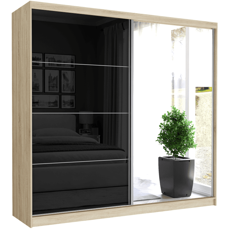 Szafa przesuwna Selvio III 233 cm sonoma z lustrem 2-drzwi czarny półpołysk srebrne szprosy
