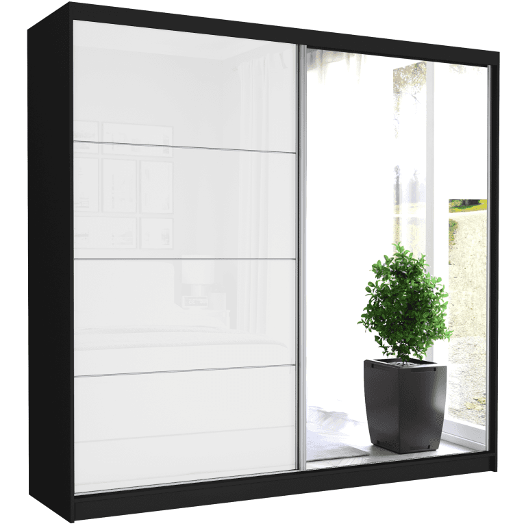 Szafa przesuwna Selvio IV 233 cm czarna z lustrem 2-drzwi biały półpołysk srebrne szprosy