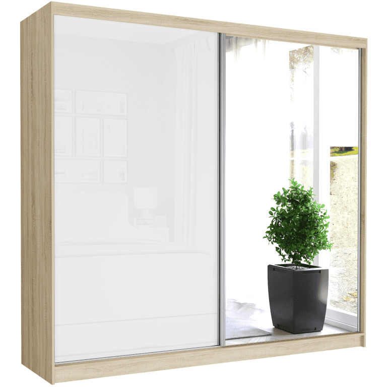 Szafa przesuwna Selvio V 233 cm sonoma z lustrem 2-drzwi biały półpołysk