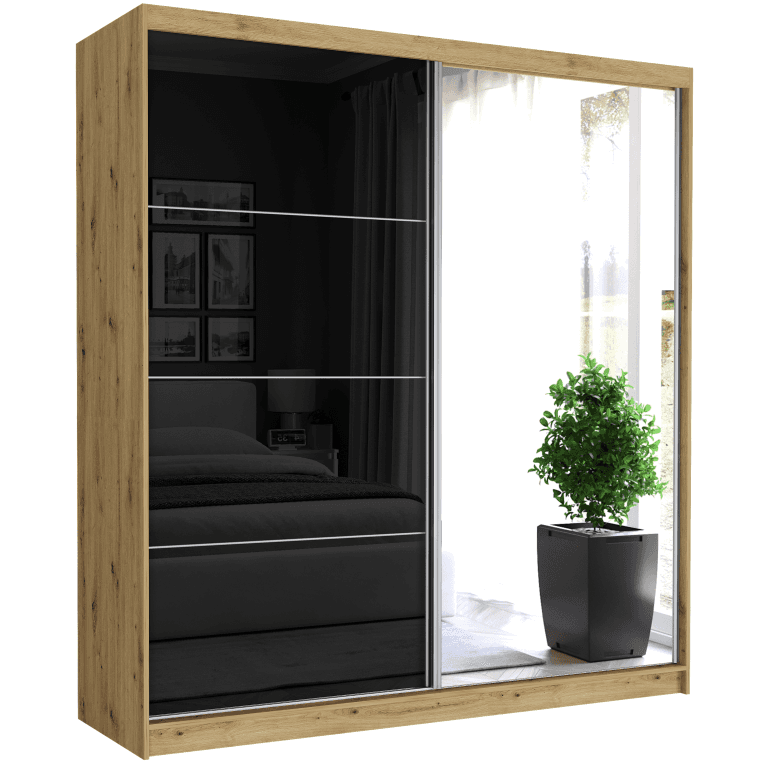 Szafa przesuwna Tivaro III 203 cm artisan z lustrem 2-drzwi czarne półpołysk srebrne szprosy