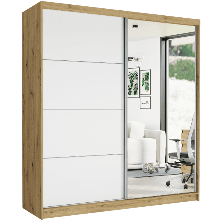 Szafa przesuwna Tivaro VII 203 cm artisan z lustrem 2-drzwi białe srebrne szprosy