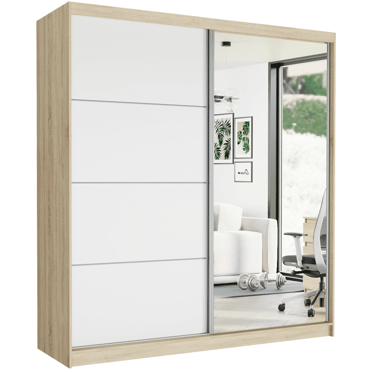 Szafa przesuwna Tivaro VII 203 cm sonoma z lustrem 2-drzwi białe srebrne szprosy