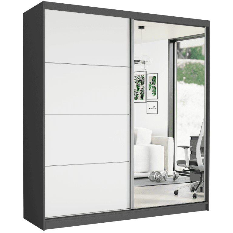 Szafa przesuwna Tivaro VII 203 cm antracyt z lustrem 2-drzwi białe srebrne szprosy