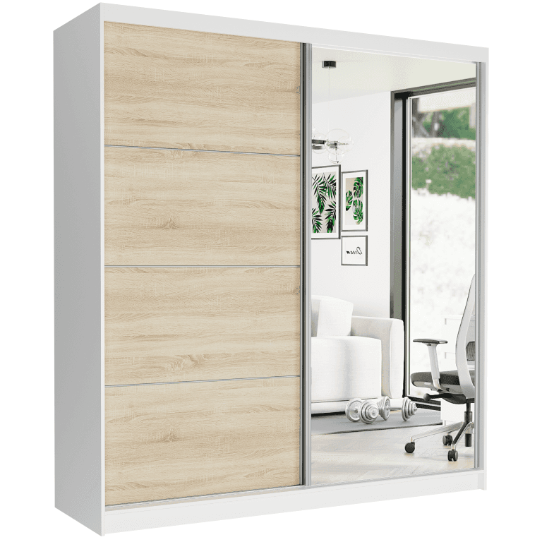 Szafa przesuwna Tivaro VIII 203 cm biała z lustrem 2-drzwi sonoma srebrne szprosy